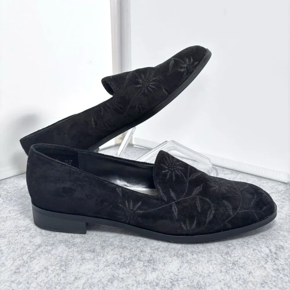LAURA SCOTT Black Suede Loafers Women’s 9.5M Embossed Floral Slip On Flats